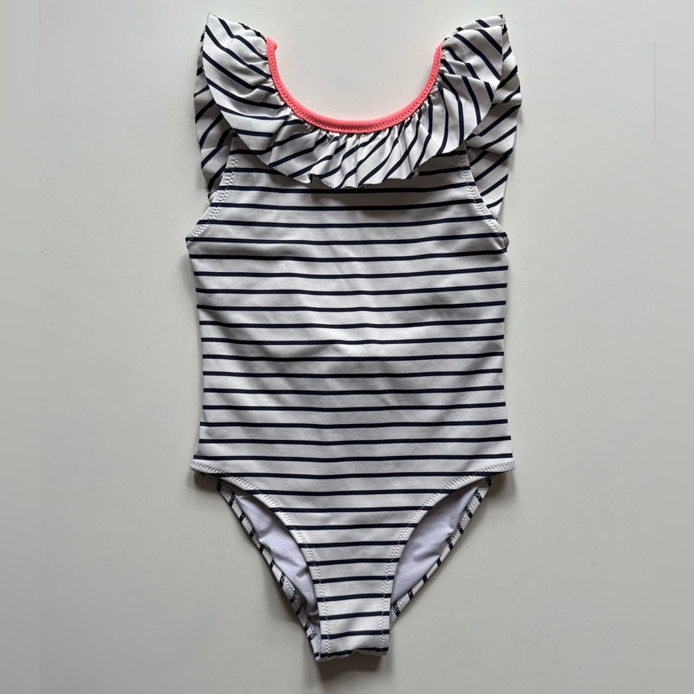 Jacadi Girls Navy & White Nautical Striped Swimsuit with Pink Trim - Size 6Y